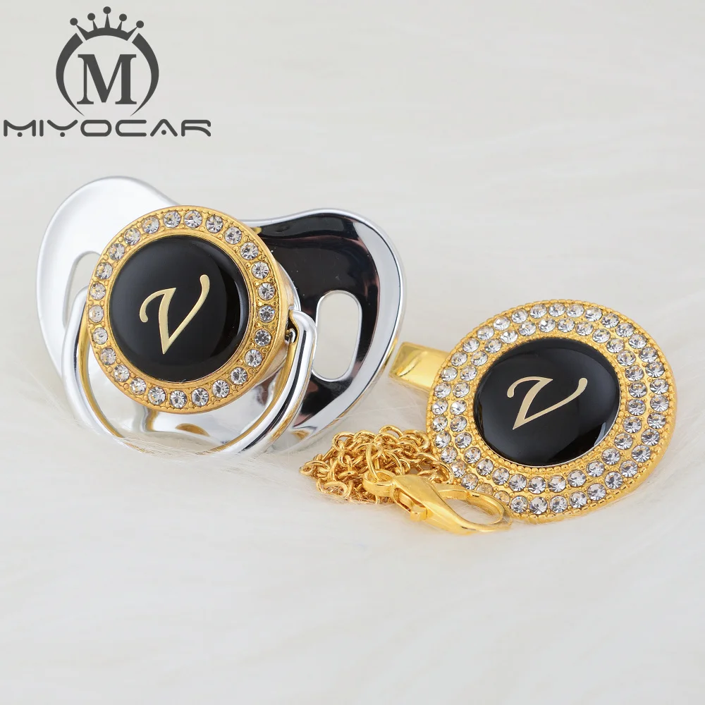 MIYOCAR name Initial letter V elegant silver bling pacifier and pacifier clip BPA free dummy bling unique design SGS pass LV