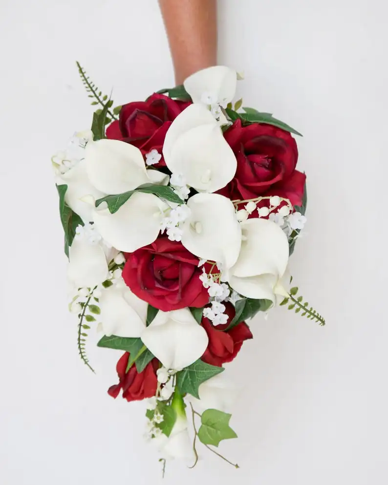 Bouquet de mariage en Cascade rouge, Bouquet de fleurs artificielles, blanc, Vintage, Boho, Cascade