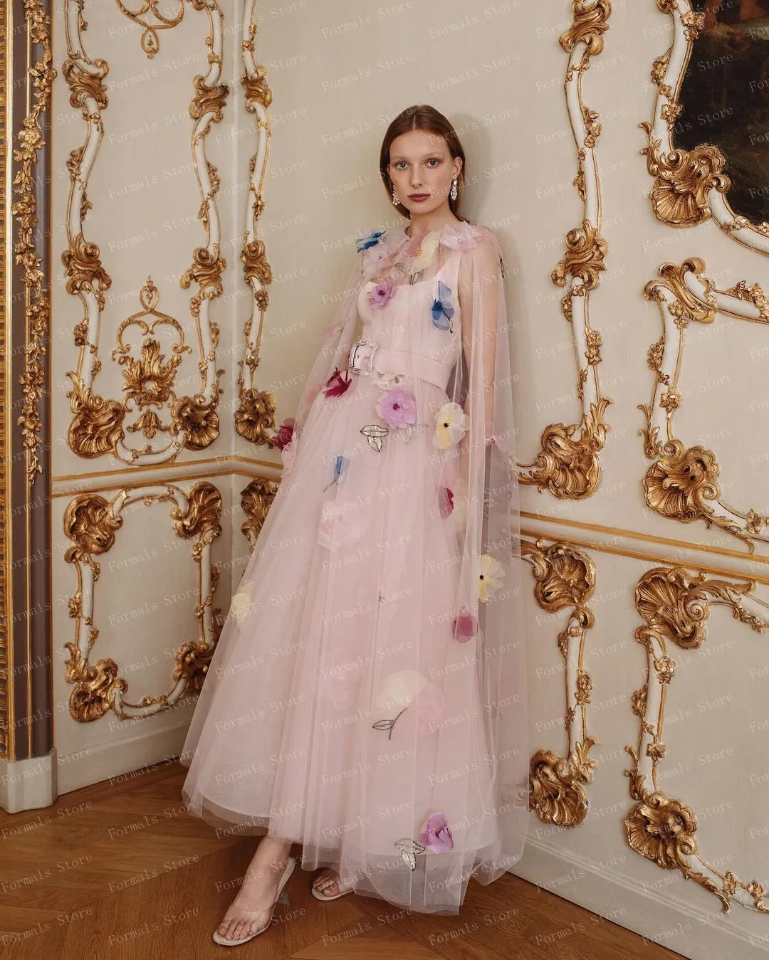 สแควร์คอพรหมชุดเด็กสีชมพูTulleชุดยาวชุดดอกไม้ชุดเสื้อคลุมข้อเท้าความยาวชุดราตรีCUSTOM Madeชุด