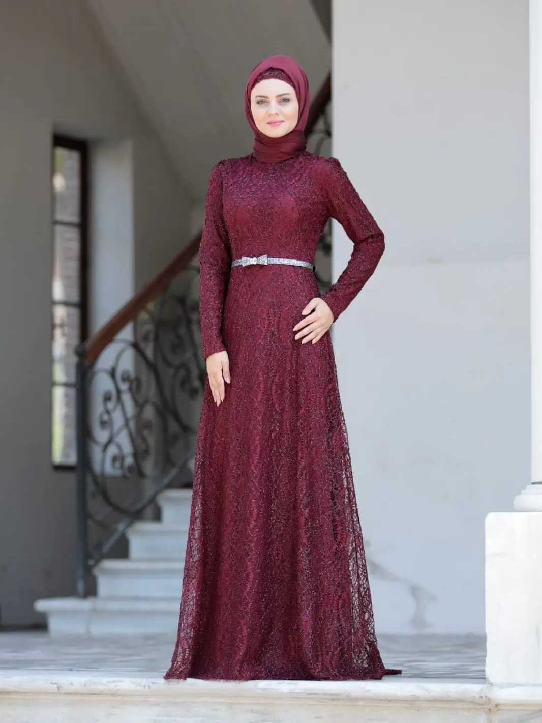 5570 Muslim Women Dresses Evening Dress Glitter Evening Dress Hijab Long Sleeve Muslim Women Prom Party Ceremony Dress