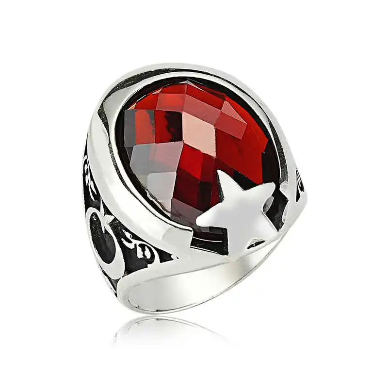 Silver Red Stone Moon and Star Men's Ring - 925 Sterling Men's Jewelry Wedding Birthday Gift - Box - Men - Fashion - Botiva - Size - Turkish - Patterned Embroidery