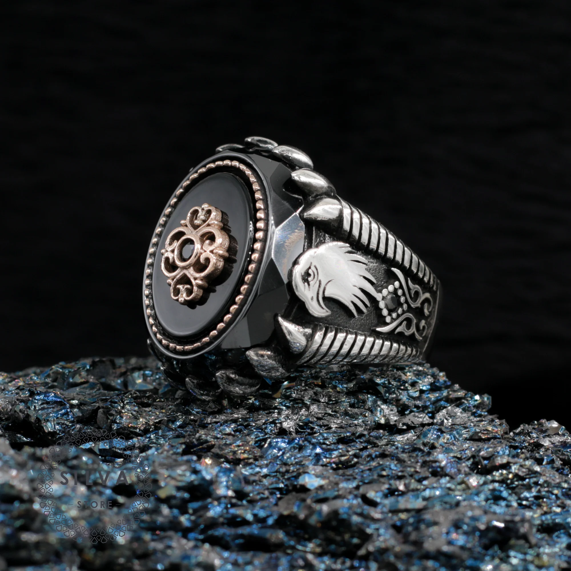 Original 925 Silver Men's Ring With Onyx And Special Cut Zircon Stone With Eagle Symbol Turkish Man Sterling Jewlery Male Gift