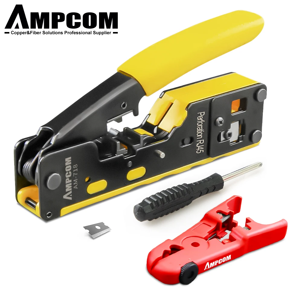 AMPCOM RJ45 RJ11 Pass Through Crimpzange für Cat7/6A Cat6/5 Ethernet Modularstecker mit Abisolierer und Ersatzklinge