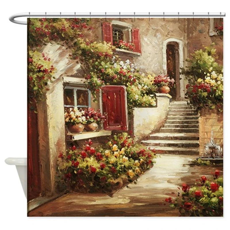 Tuscan Courtyard 100% Polyester Fabric Waterproof Shower Curtain With Hooks Bathroom Decor