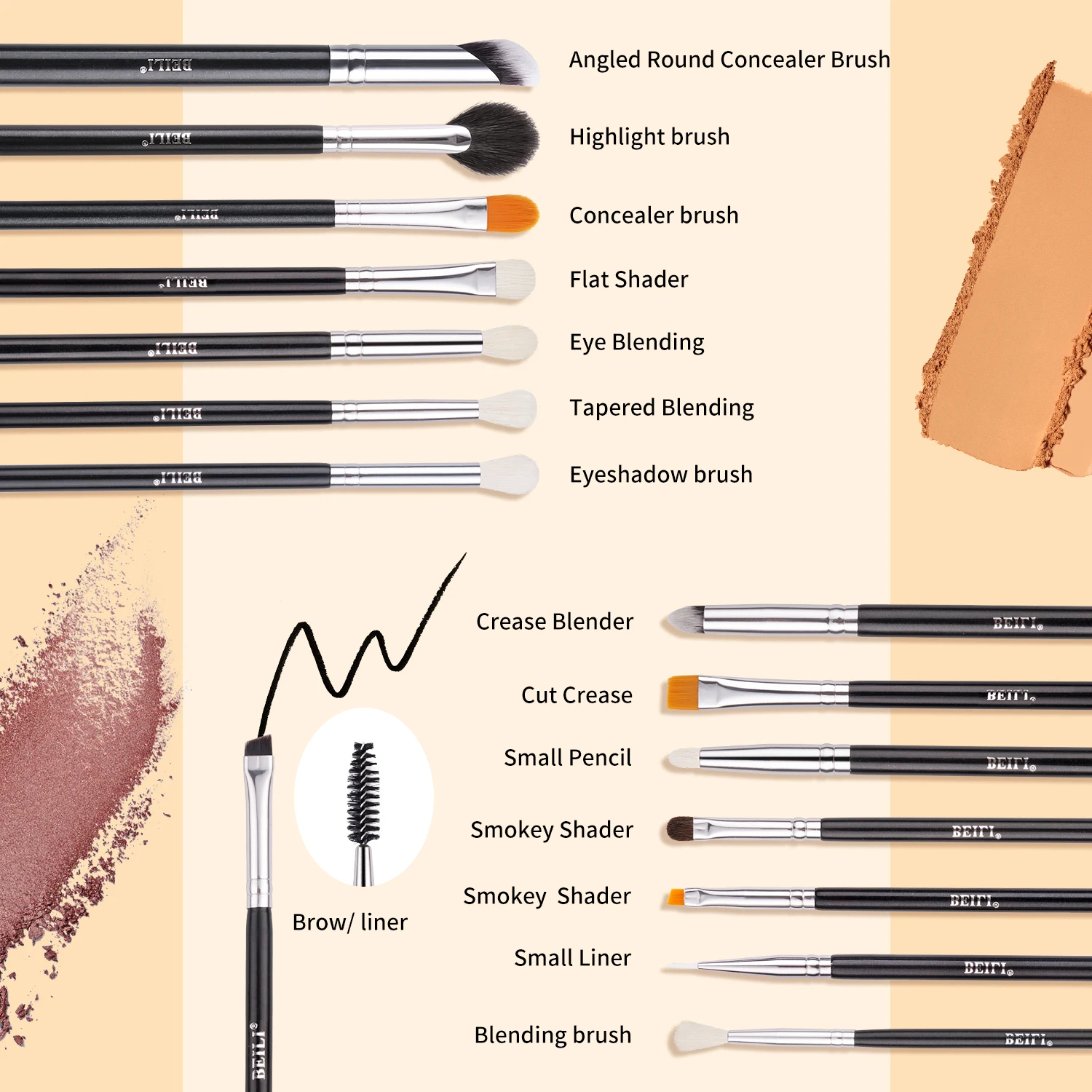 BEILI Trang Điểm Brushes Set 15Pcs Trang Điểm Chuyên Nghiệp Công Cụ Lông Mày Eyeshadow Pha Trộn Bút Kẻ Mắt Lông Mi Mắt Make Up Bàn Chải Kit