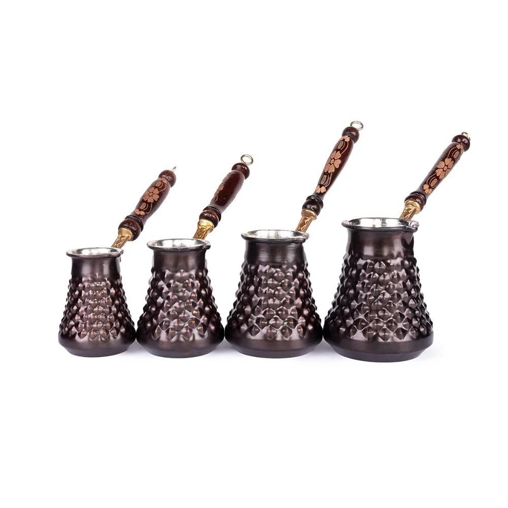 Copper Coffee Pot, Pyramid Pattern, Set of 4, Handmade, Wooden Handle, Tukish and Arabic Coffee, Authentic Color