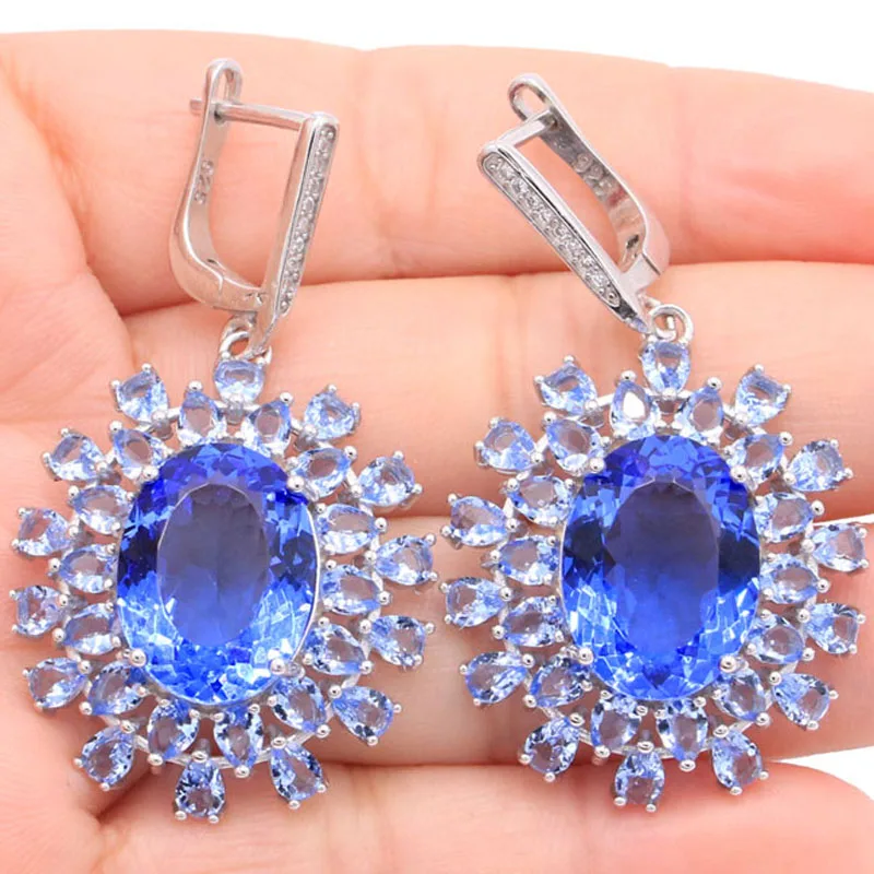 45x26mm Jazaz 11.9g European Design  Pink Tourmaline Vilolet Tanzanite For Women Dating Real 925 Sterling Silver Earrings