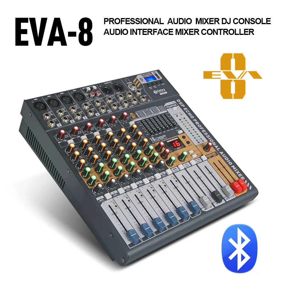 Debra Audio Clean Sound ! Pro EVA-8 8 Channels Audio Mixer Dj Consoler With 48V Phantom Power USB  Bluetooth For Recording Stage