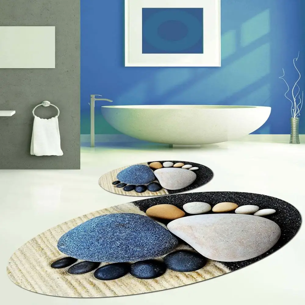 

Else Blue Gray Black Foot Pebble Stones 2 Pcs 3d Pattern Print Bath Mats Anti Slip Soft Washable Bathroom Mat Toilet Rugs