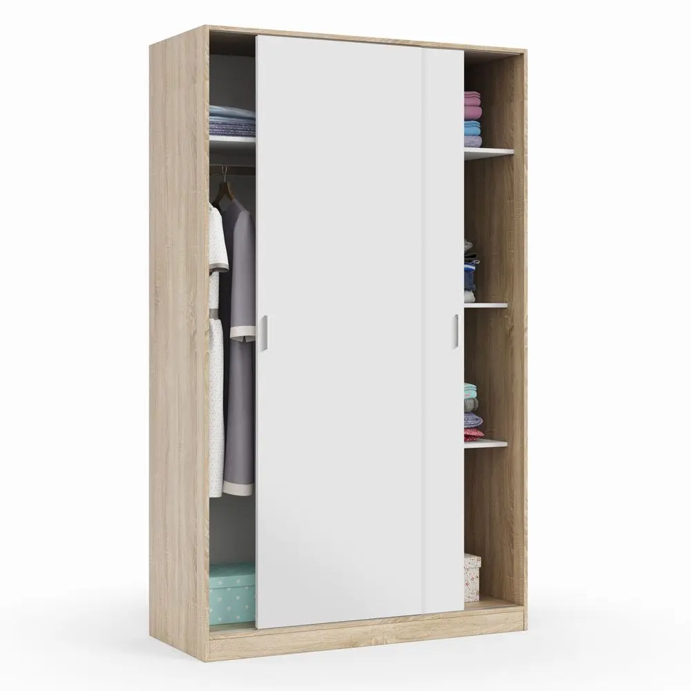 Wardrobe two sliding doors, wardrobe three shelves, measures: 200x120x50 cm (Artik White and Canadian Oak)