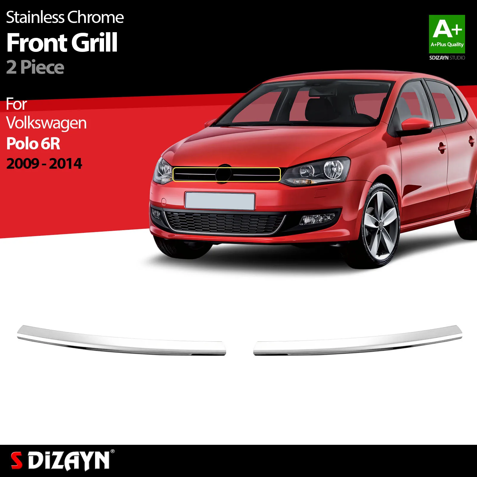 S Dizayn For Volkswagen Polo 6R Chrome Front Grill Stainless Steel 2 Pc VW Exterior Car Accessories Parts Auto Products Stickers