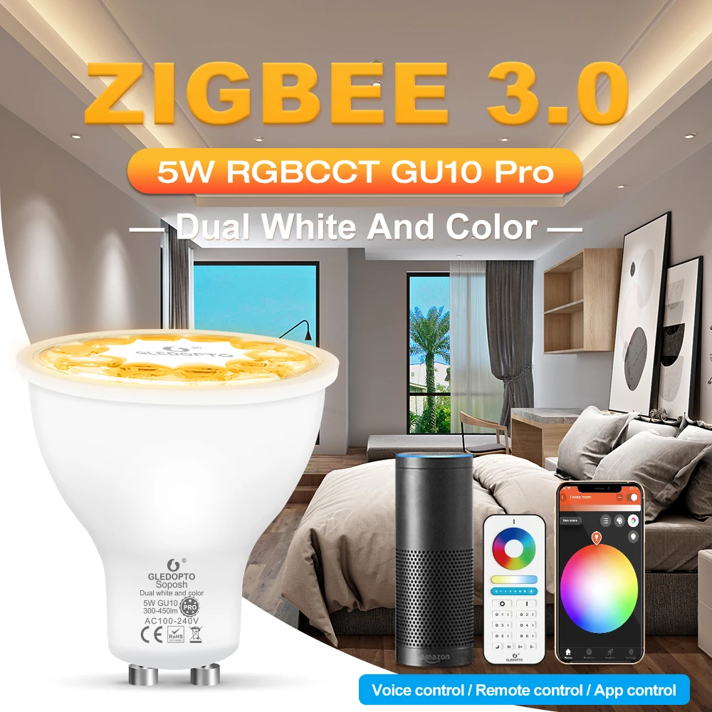 GLEDOPTO Zigbee3.0 RGBCCT Spotlight Bulb Pro GU10 5W Warm Cold White Color Changing LED Spot Light APP/Voice/Remote Control