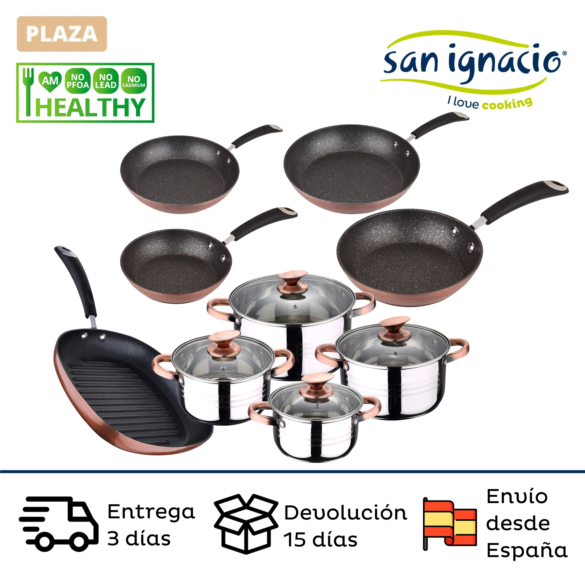 SAN IGNACIO Moma pans set made of wrought aluminium and sarten grill with kitchen battery 8 pieces NONA collection