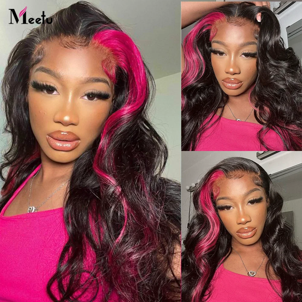 

30 Inch Body Wave Black Pink Lace Front Wig Human Hair 13x4 Transparent Lace Frontal Wig Meetu Colored Human Hair Wigs for Women