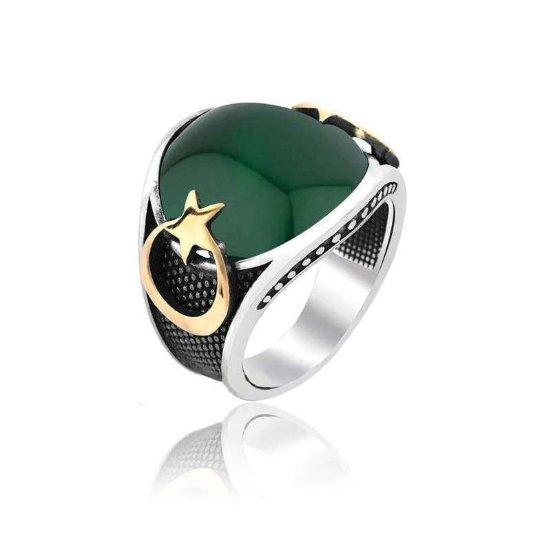 New 925 Sterling Silver Ottoman Empire Ring Moon Star English Art Design Tiger Eye Stone Fashion Trendy Jewellery Statement