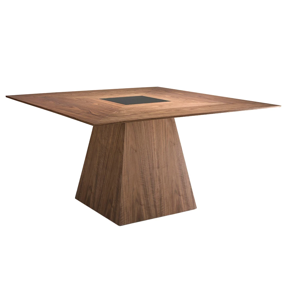 Dining table 1079 Angel Cerdá-square dining table made of natural walnut plated wood and central detail in black tinted glass.