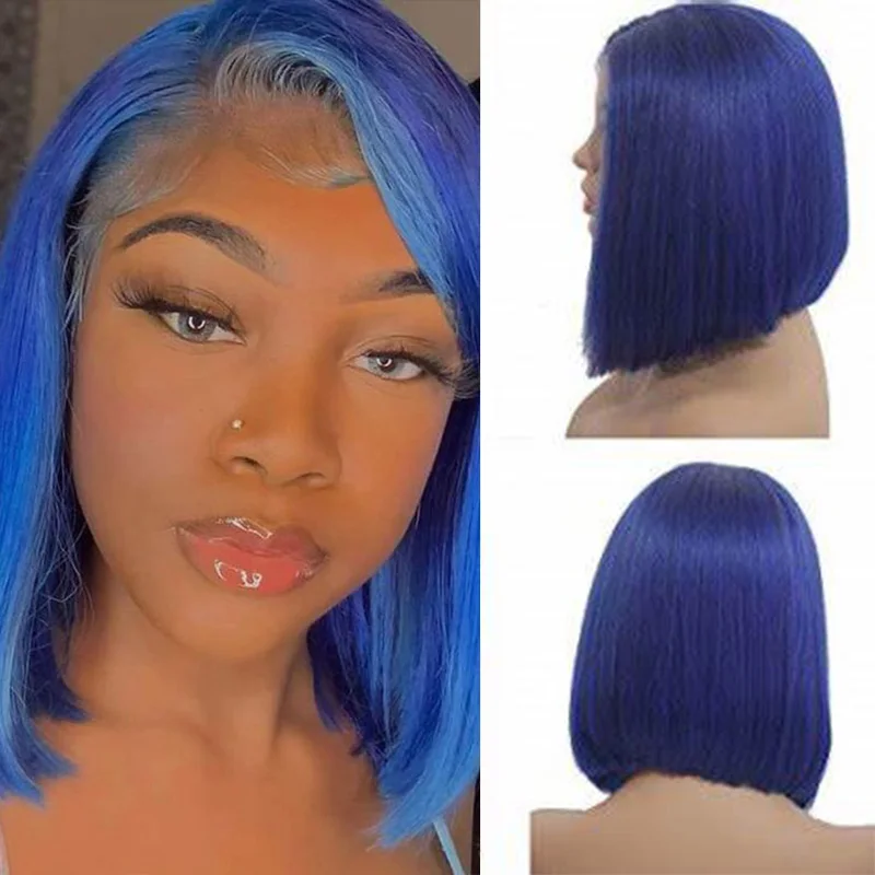 

Blue Bob Wig 180 Density Straight 13x5x2 Middle Part Lace Front Human Hair Wigs Glueless Colored Natural Hairline Bob Wigs