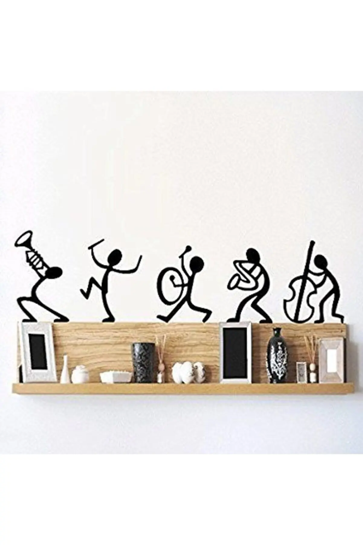 Wood Wall Decor 3D Laser Cut - Men Playing Music 6 Pieces Black Color Modern Art For Living Room, Bedroom, Kidsroom, Babyroom, Home - Office Fun-Stylish Table Indoor Decals Farmhouse Accessories Furniture Metal Sconse