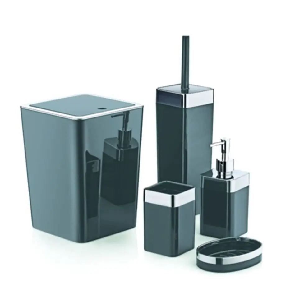 

5 Pcs Gray Bathroom Set Shiny Modern Design Toilet Brush Trash Can Solid Soap Dispenser Liquid Soap Dispenser Toothbrush Holder