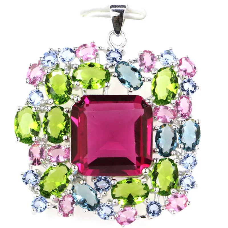 40x34mm Big European Design 10.6g  Multi Color Tourmaline Peridot Tanzanite Blue Topaz 925 Solid Sterling Silver Pendant