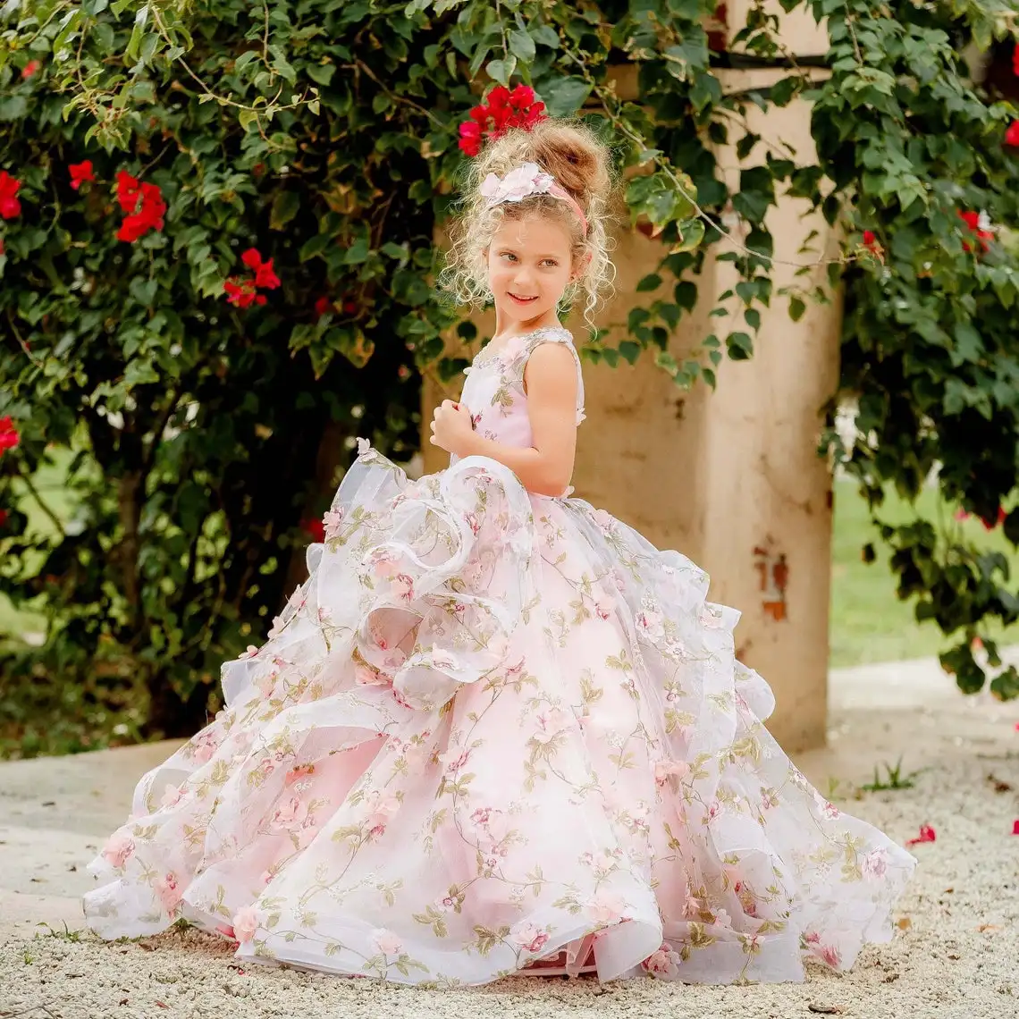 Pink 3D Floral Flower Girl Dresses For Wedding Beaded Appliqued Ruffles Toddler Girls Pageant Dress Kids Formal Wear Prom Gowns