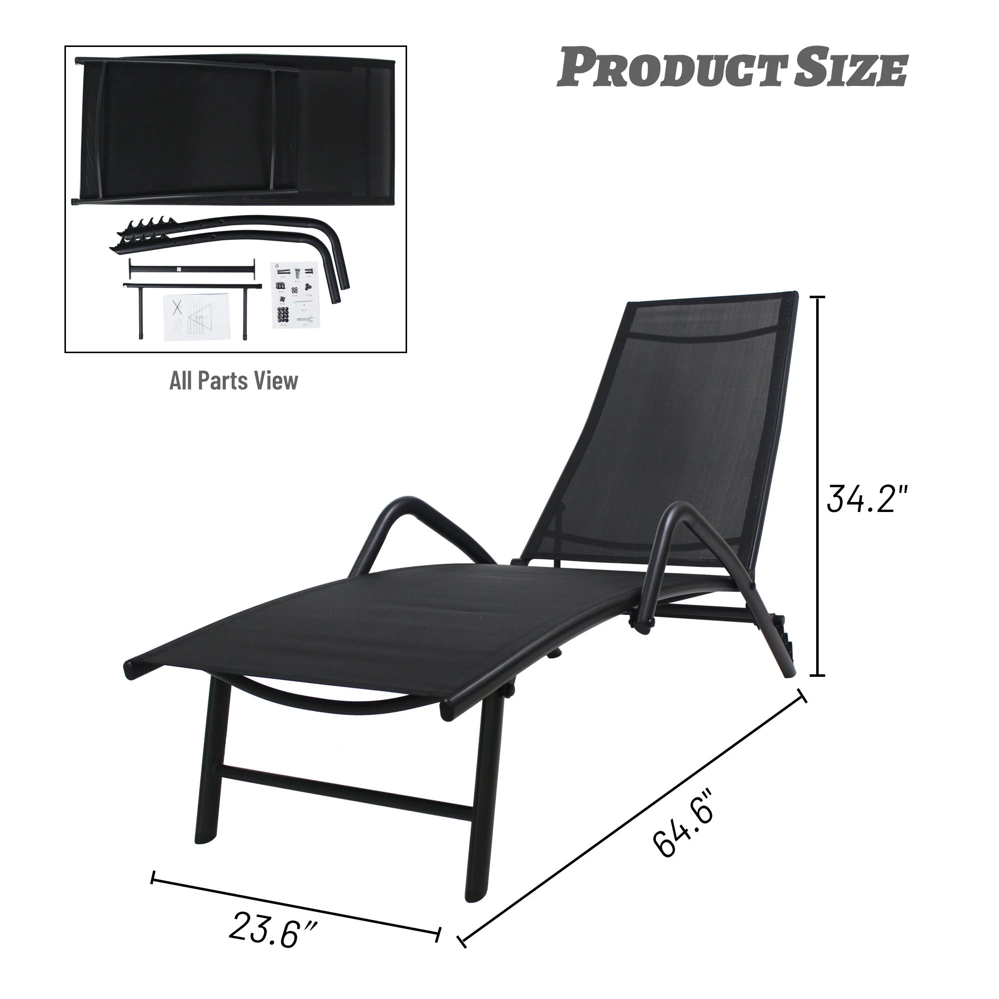 Outdoor Patio Lounge Poolside Recliner Black[US-Stock]