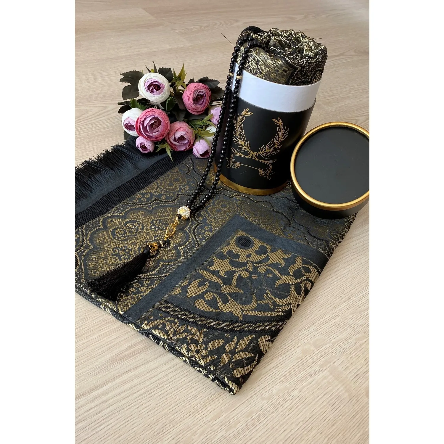 Muslim Prayer Rug Gift Set Sejadah Taffeta Rosary Beads Prayer Mat Islamic Muslim Arabic Items Eid Gift Ramadan Gift Set Kaaba