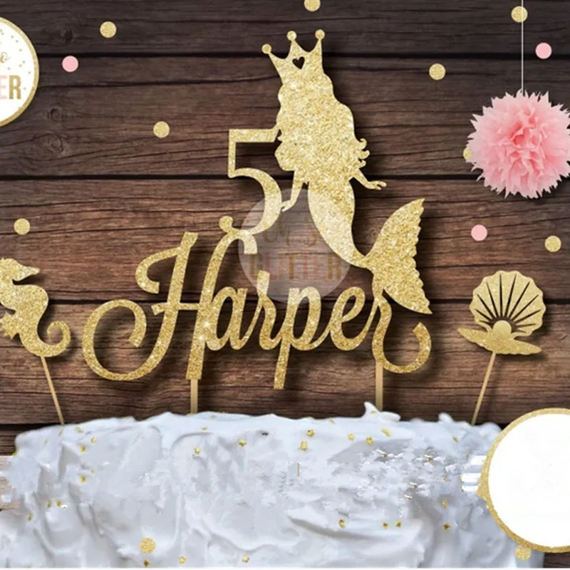 Personalize Mermaid Cake Topper, Birthday Gold Cake Topper, Custom Glitter Cake Topper, Seahorse Shell Princess