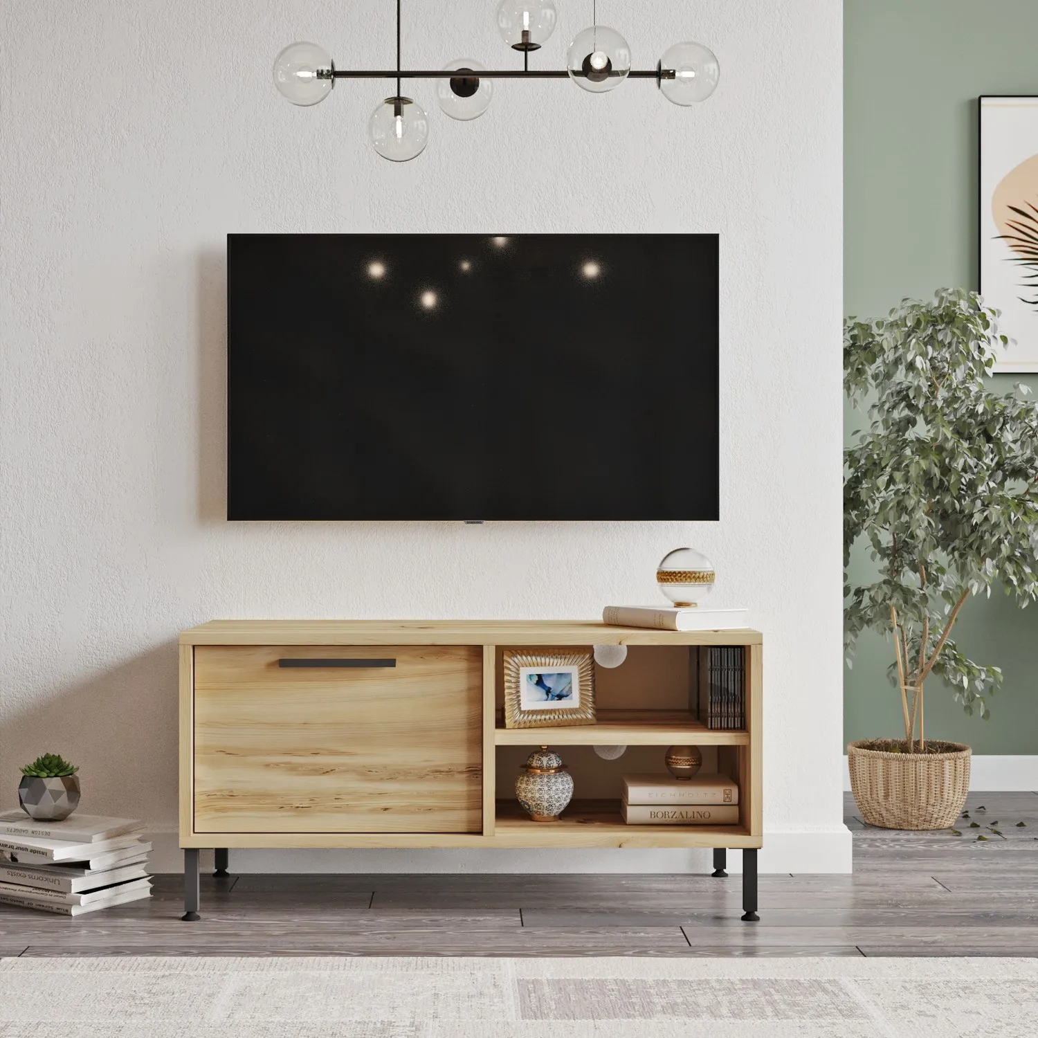 Retro Tv Unit with Bookshelf Mounted Cabinet Wooden Metal Leg Tv Stand Quality Material UBBU Home, last 1 Product Special Price.