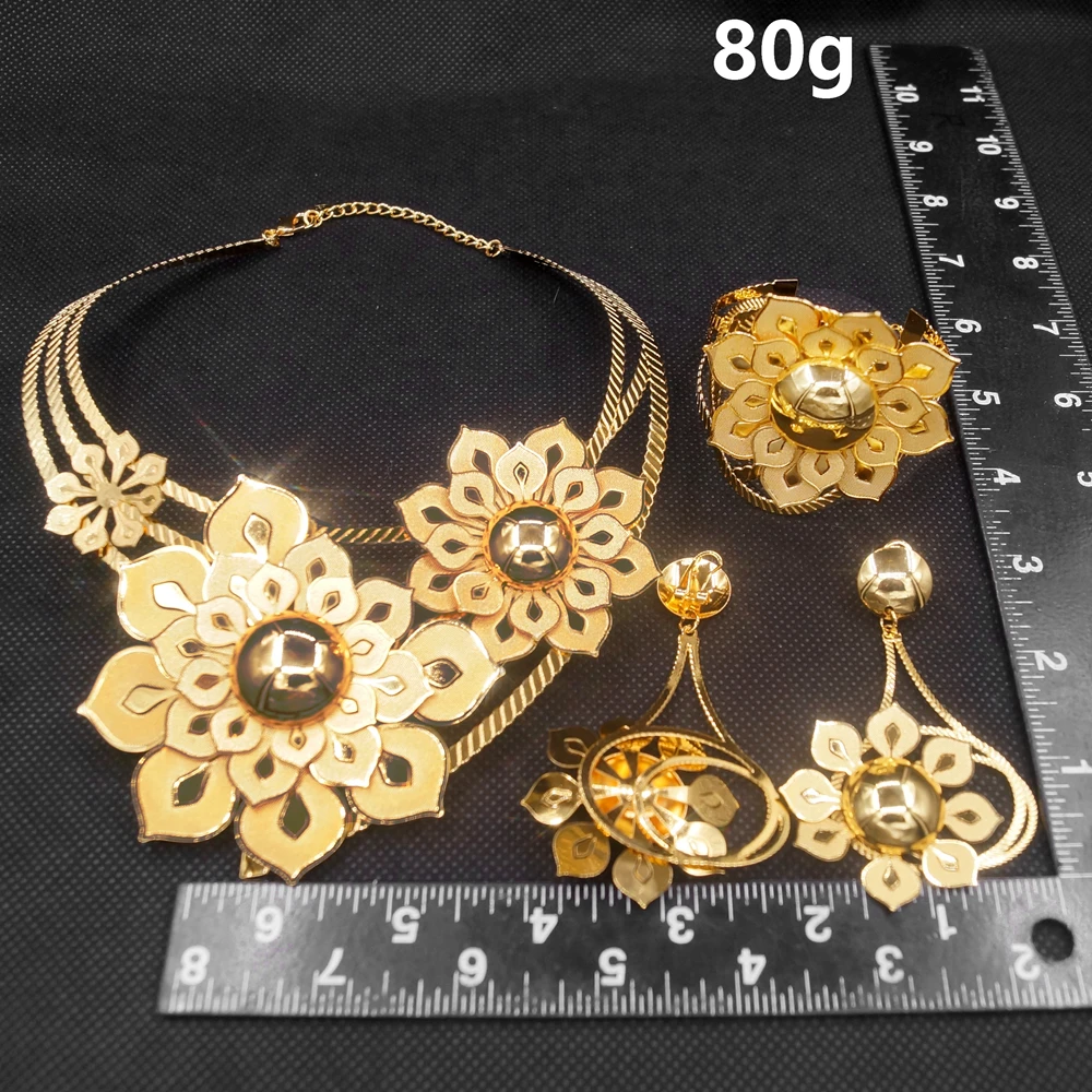 Fashion Plated 24K Gold Colour Jewelry Set Ladies Flower Large Necklace Bracelet Wedding Party Gift Accessories NH00030