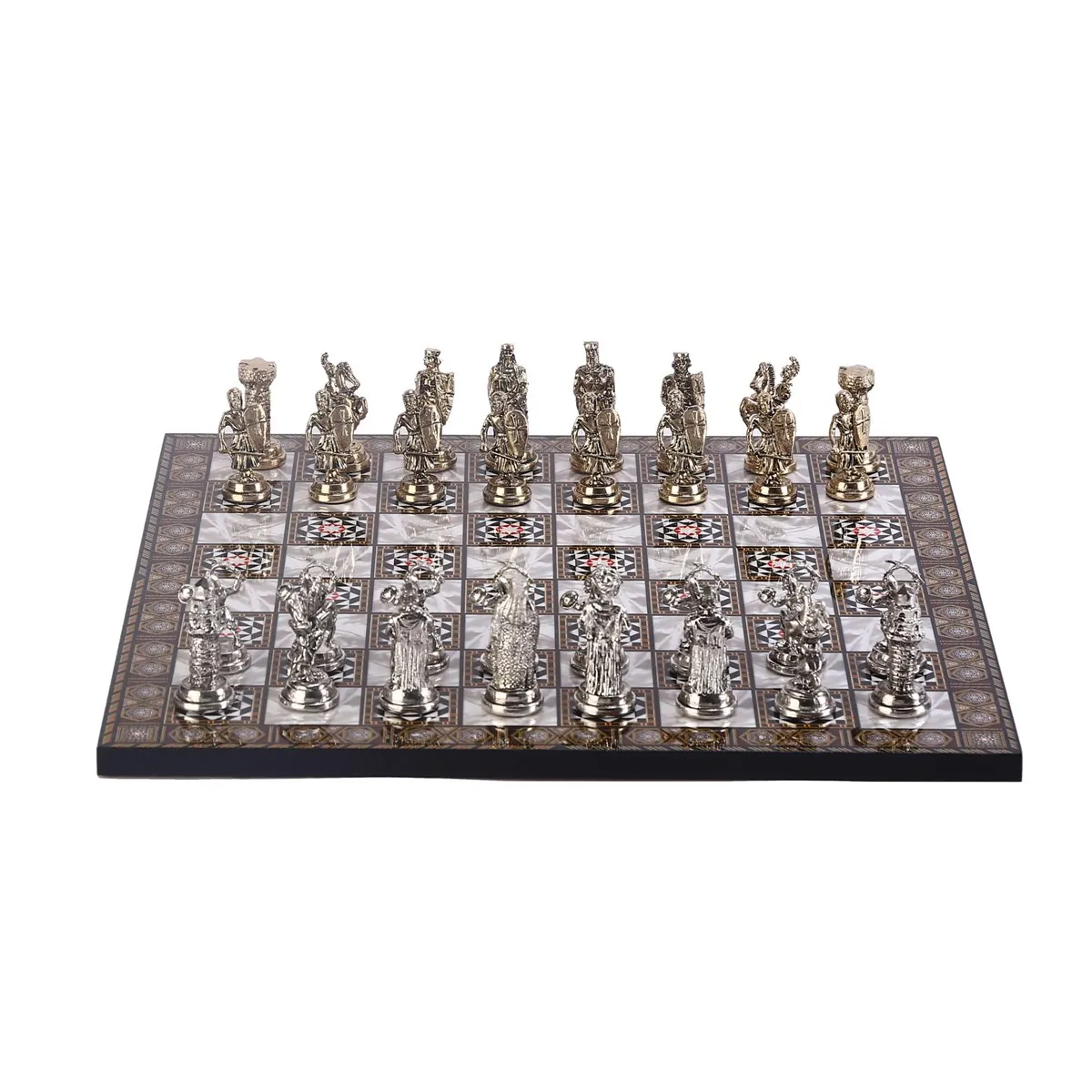 Ottoman vs Byzantine Figures Metal Chess Set, Handmade Pieces and Mosaic Design Wooden Chess Board King 6 cm