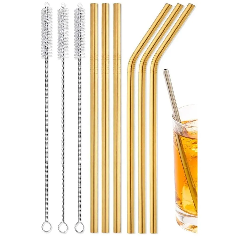 Gold Stainless 6 Pcs Stainless Steel Straw + 3 Pcs Cleaning BrushMetal Mesh Stick Cleaning Brush Washable Elegant Tableware