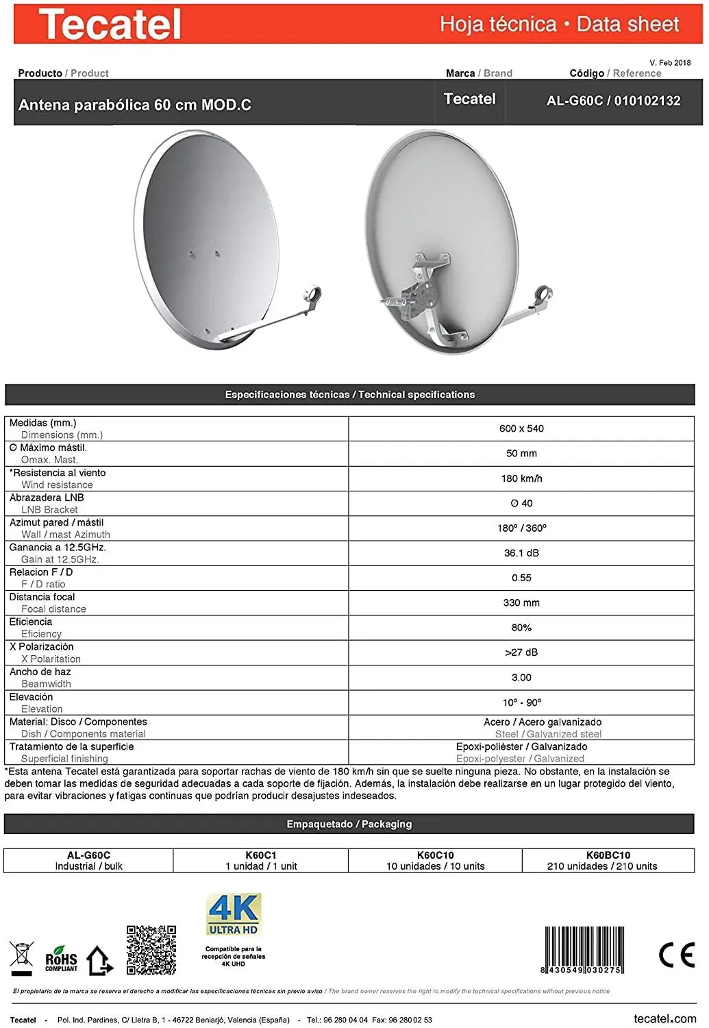 Tecatel k60c1ls kit parabólica antena 60 cm, suporte e universal lnb
