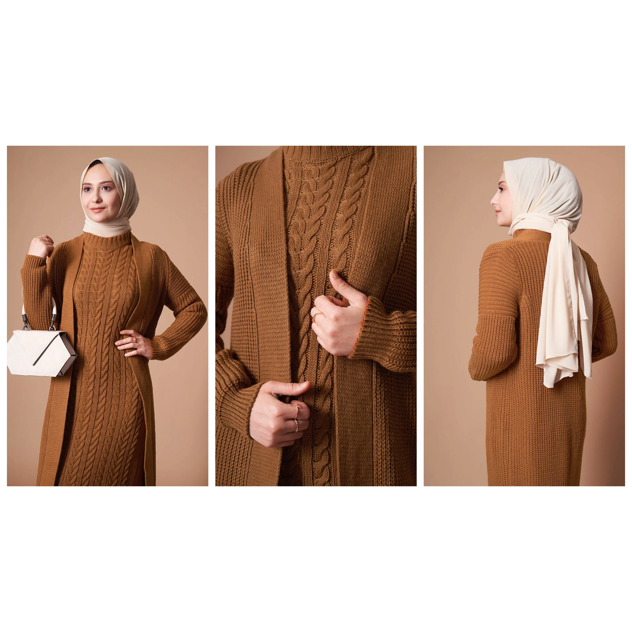 2 Piece Women\'s Knitted Maxi Set For Winter Half Turtleneck Long Sleeve Knitwear Dress and Cardigan Muslim Fashion Hijab