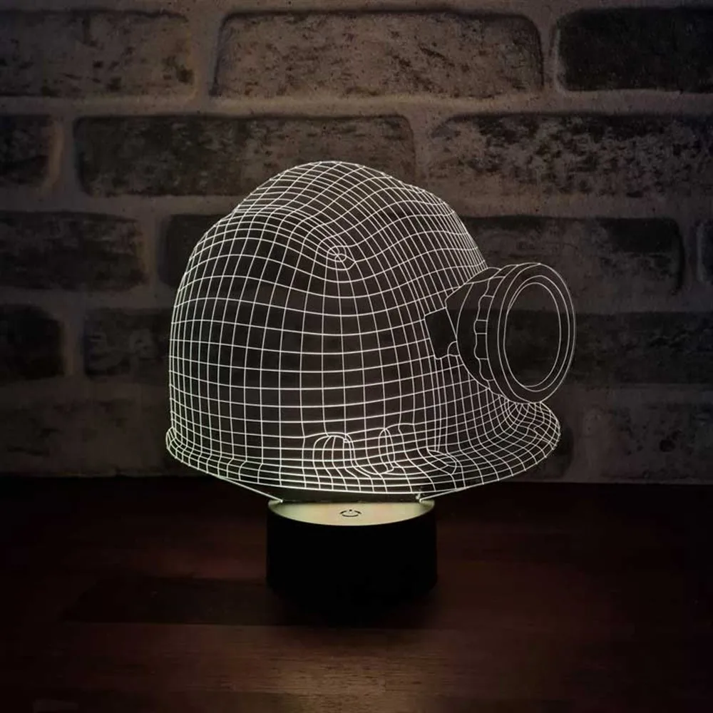 3D Illusion Miner Helmet Acrylic Led Lamp 12 Volt Adapter Daylight Design Wood Base Birthday Special Day Gift for Couples Pitman Room Decor Anime Wedding Stranger Things Led Lights Wedding Decoration Nightlights