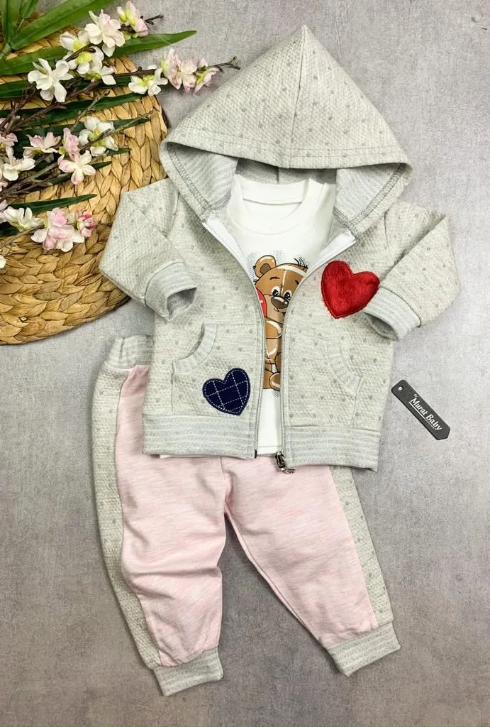 Two Hearted Pocket Triple Baby Girl Suit Baby Clothing Baby Set Bebek style Baby seasonal Baby Tracksuit