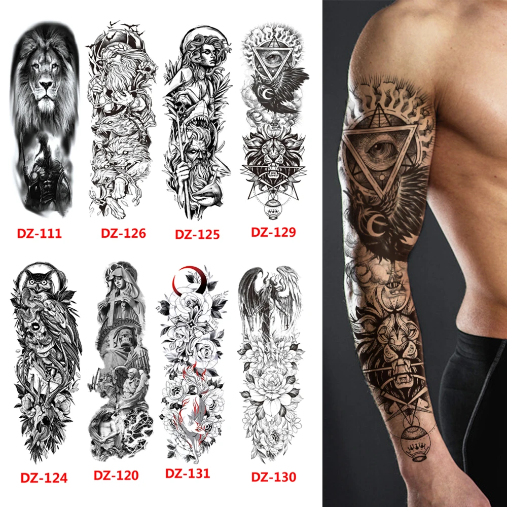 Waterproof Tattoo Sticker Totem Full Arm Large Size Sleeve Temporary Tattoos Lion  Wolf Death Fake Tattoo For Men Women Body Art