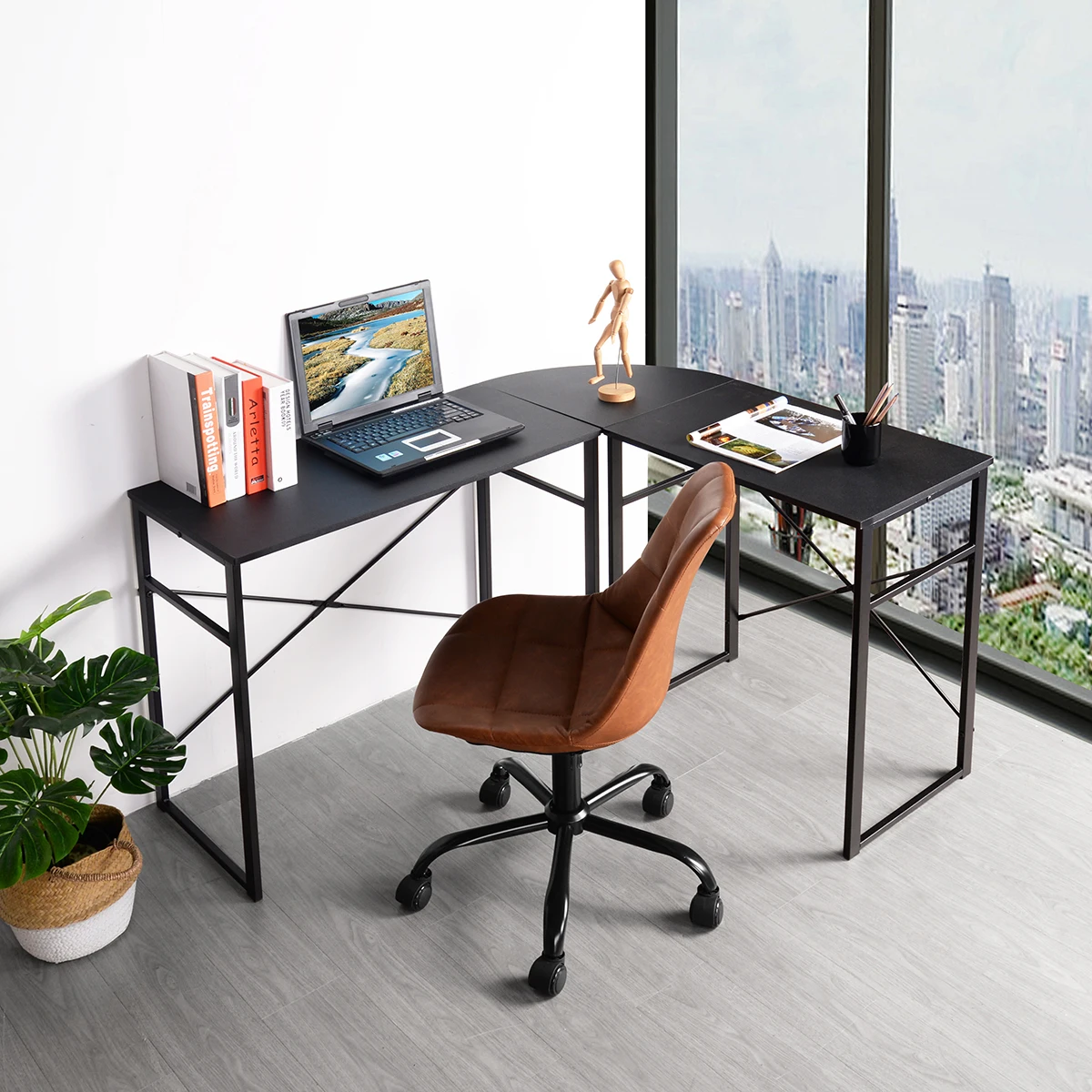 L-Shaped Desk Corner Computer Desk Study Table Workstation Black/Brown[US-W]