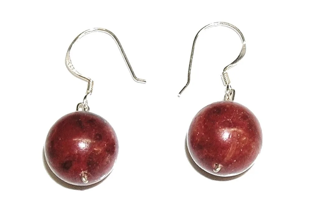 NATURAL sponge CORAL earrings spherical 14 mm and 925 sterling silver. Hook or Hippie closure in 925 sterling silver and case