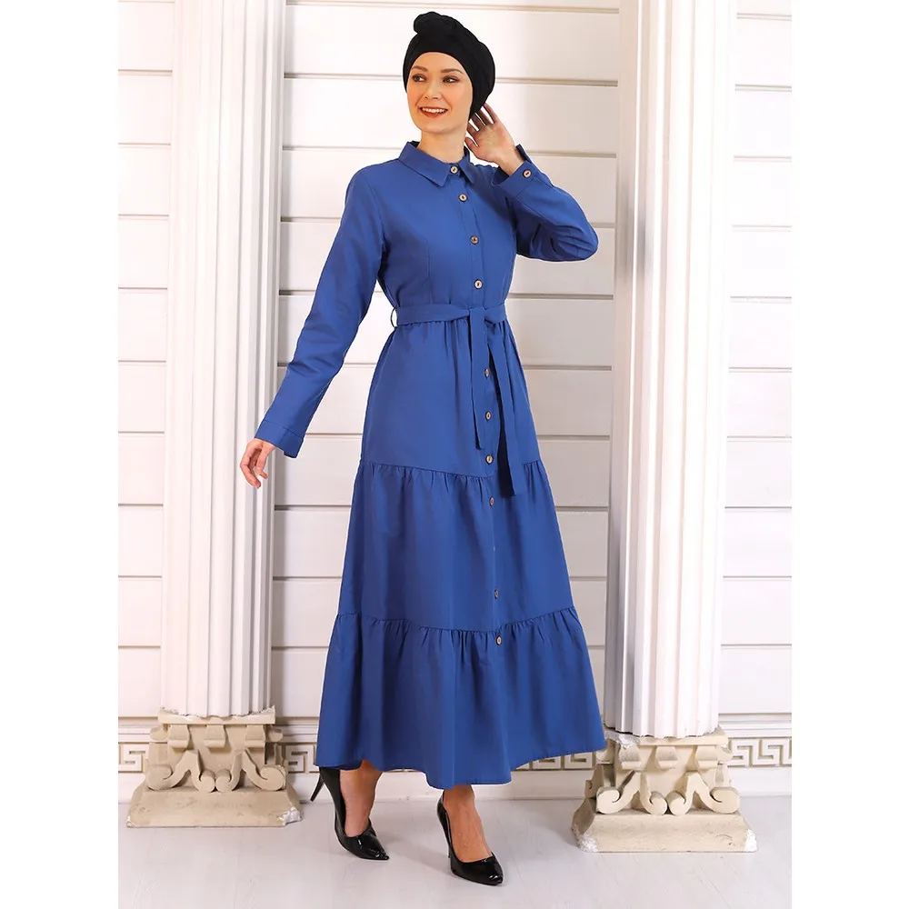 Por La Cara Female Arched Across Button Dress Arched Denim muslim Hole Button big size 44 dark Blue for women islamic