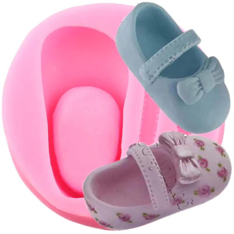 3D Cute Baby Shoes Bow Silicone Molds DIY Baby Birthday Cupcake Topper Fondant Cake Decorating Tools Candy Clay Chocolate Moulds