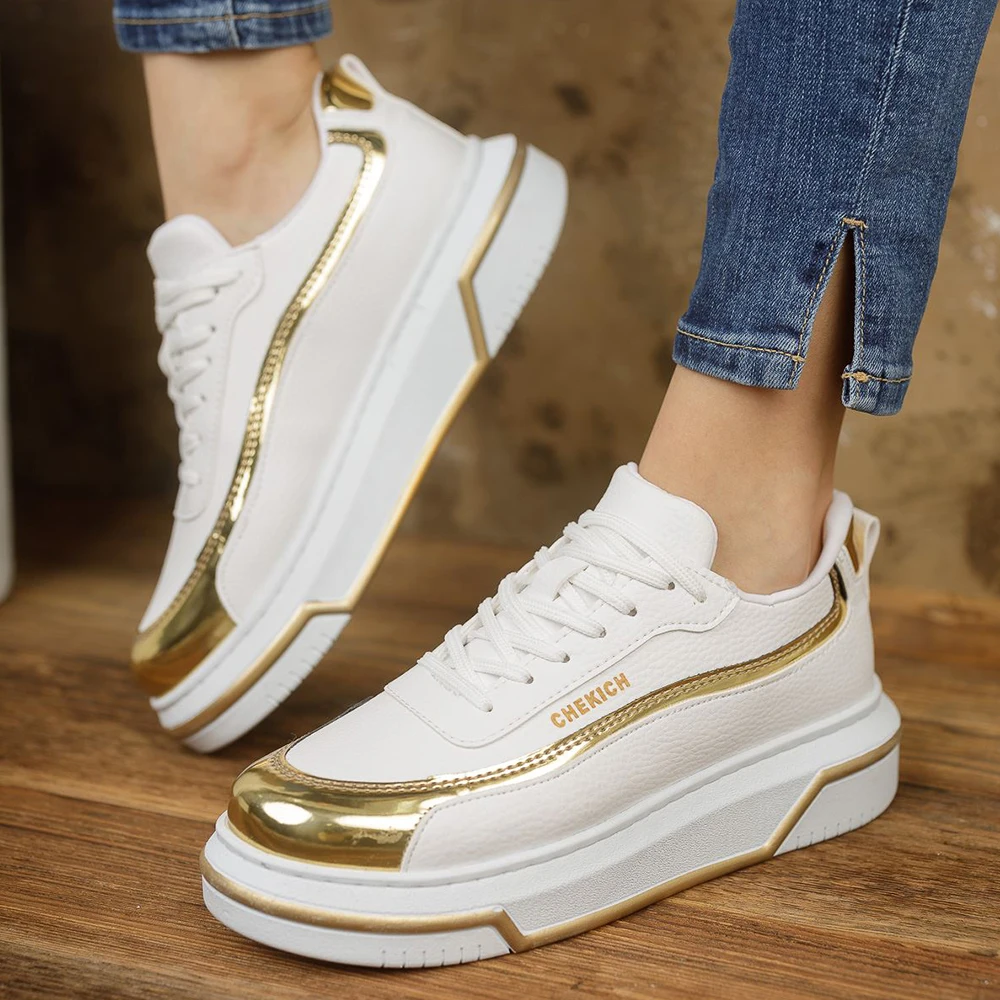 Chekich Women's & Men's Casual Shoes White - Yellow Color Artificial Leather Lace Up Casual Shoes Spring and Autumn Seasons Luxury Gold Lovers Orthopedic Sneakers Breathable Lightweight Sport Wedding Formal CH041 Women