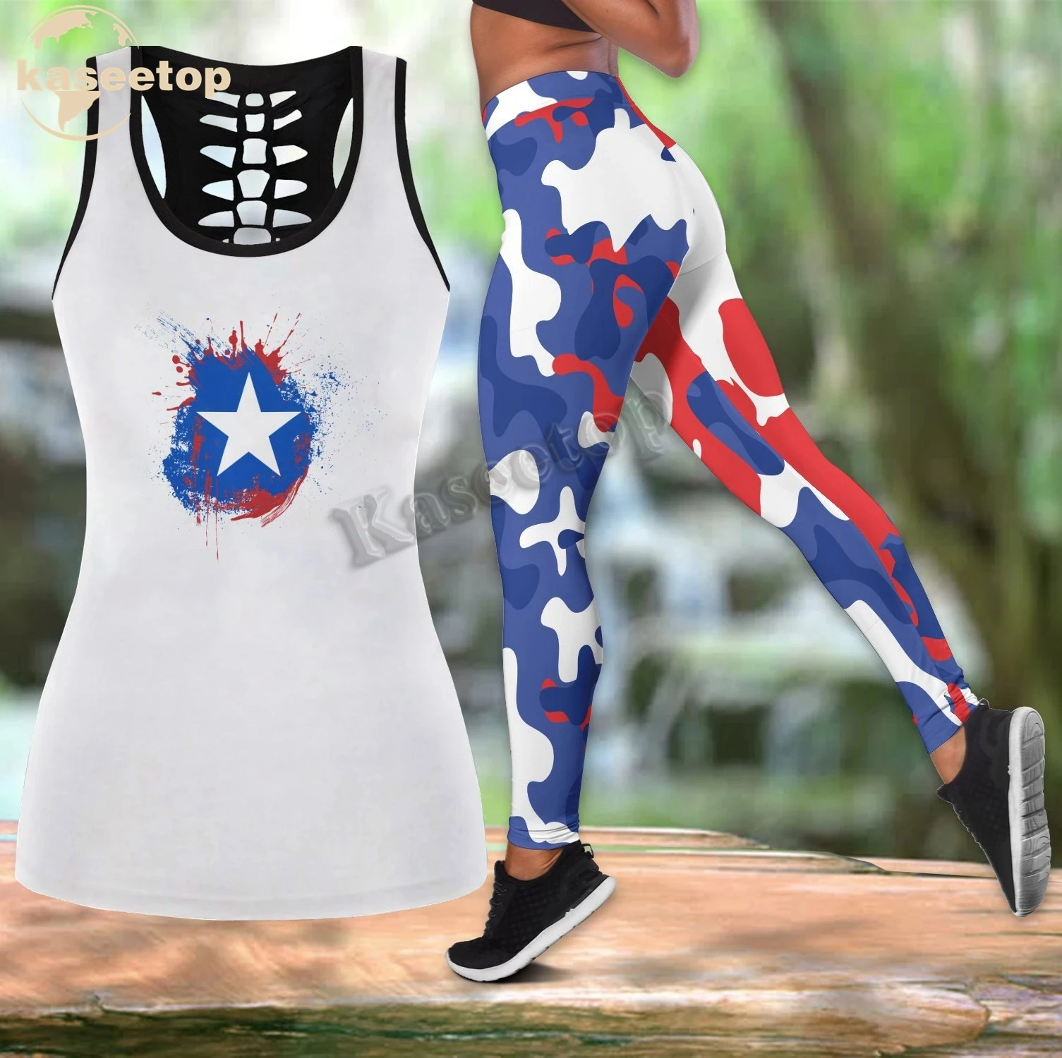 Kaseetop Puerto Rico Camo Graphics Two Piece Yoga Set Women 3D Print Vest Hollow Out Hollow Tank & Legging Outfit Summer LK99