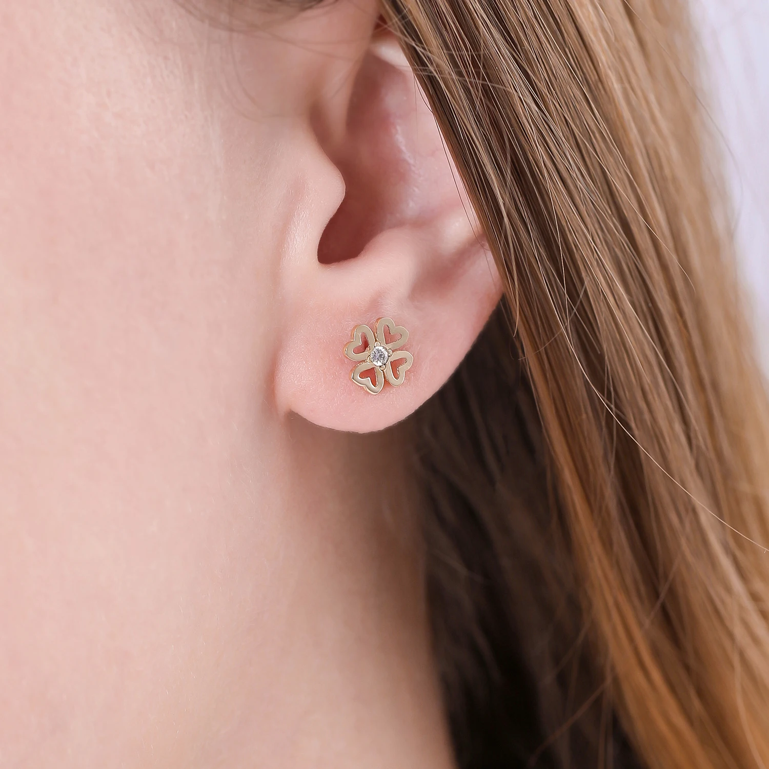 14K Real Gold Four Leaf Clover Stud Earrings