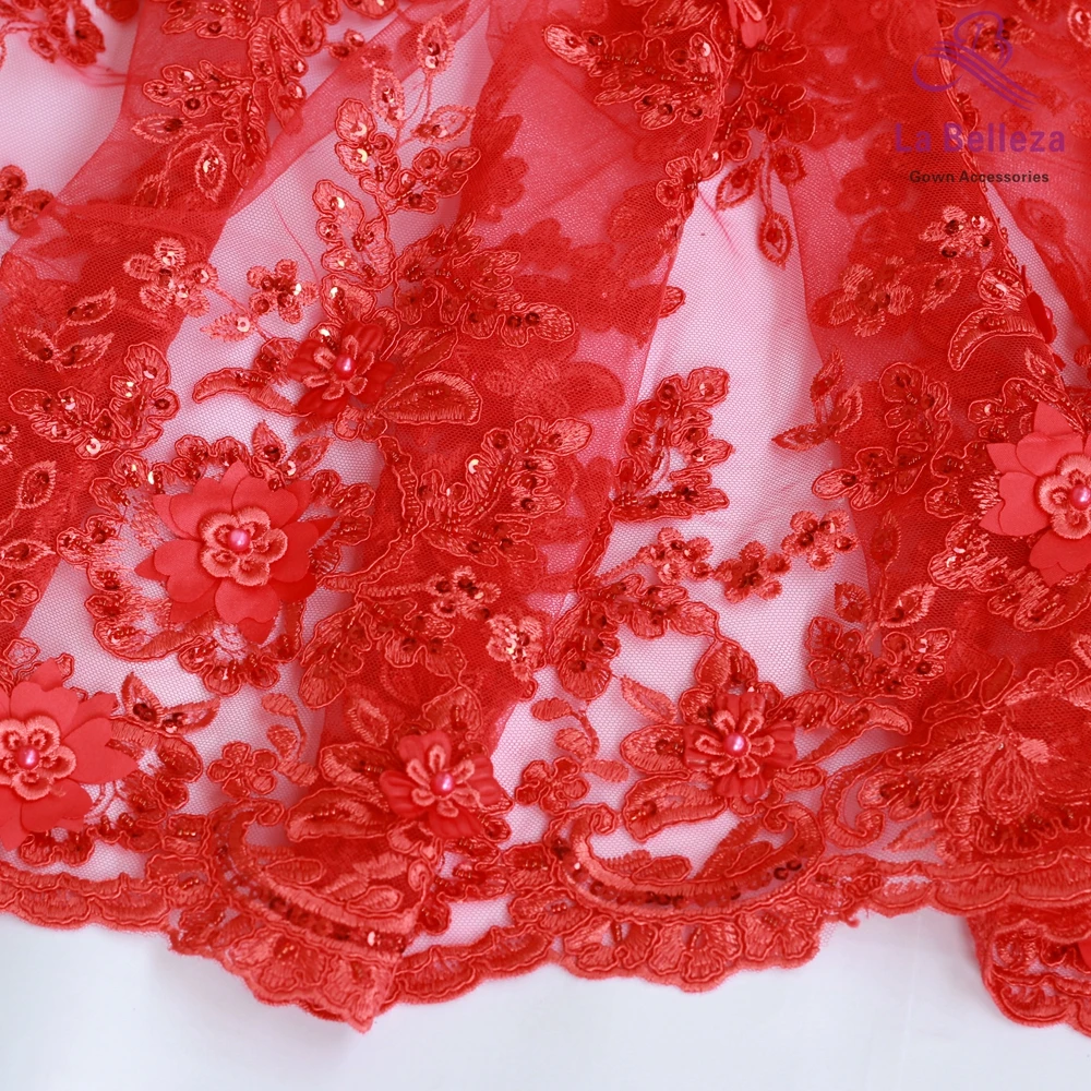 La Belleza handmade BLue,red 3D flowers/beaded wedding/evening dress lace fabric 49\'\' width 1 yard