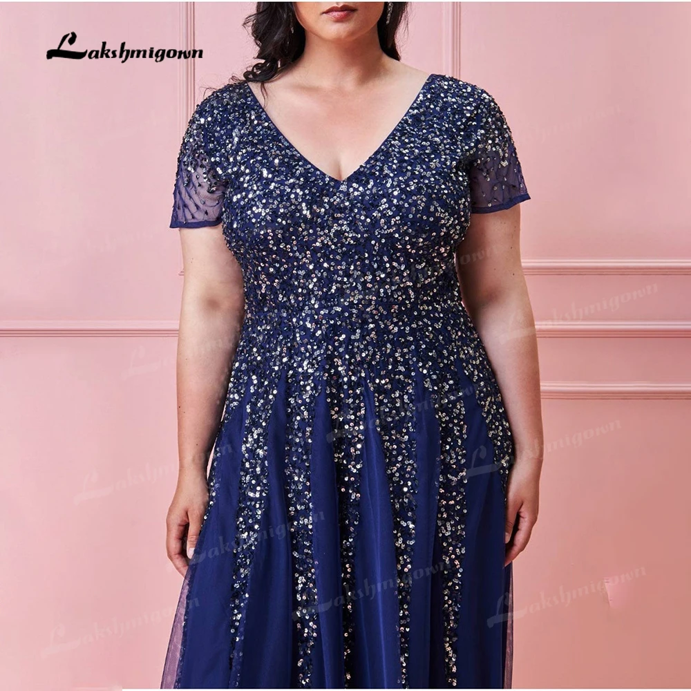 Elegant Plus Size V-neck Flutter Sleeve Sequin And Chiffon Maxi Dress Navy blue dress Prom dress Evening dress vestidos de noite