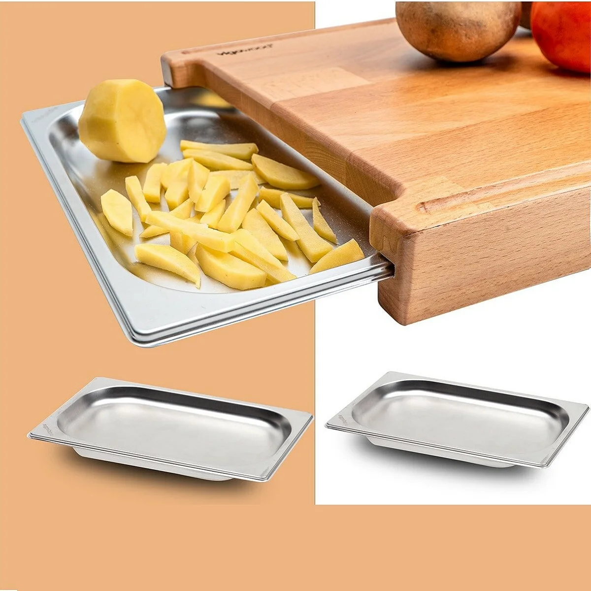 Cutting Board Metal Drawer Practical Eco-Friendly Beech Wood Kitchen Chopping Blocks Double Stainless Steel Tray Storage Plate