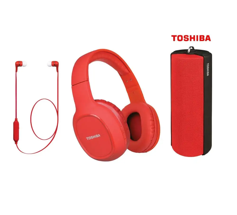 PACK AUDIO INALAMBRICO 3 EN 1 TOSHIBA HSP3919 - AURICULARES BT + AURICULARES DIADEMA BT + ALTAVOZ BT PORTATIL - ROJO