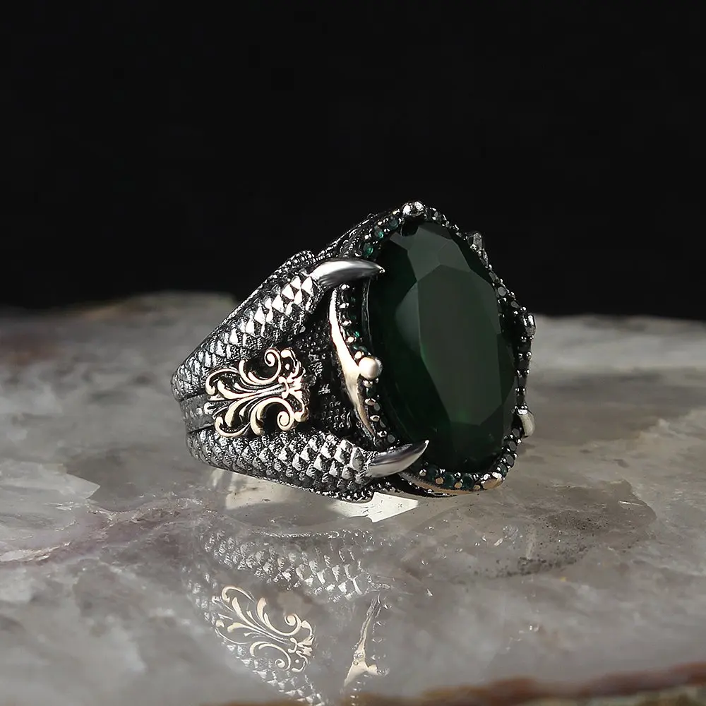 

MEN 'S 925 Sterling Silver Ring Eagle Claw Model Green Zircon Stone Gift Product Special Design Handmade Made in Turkey