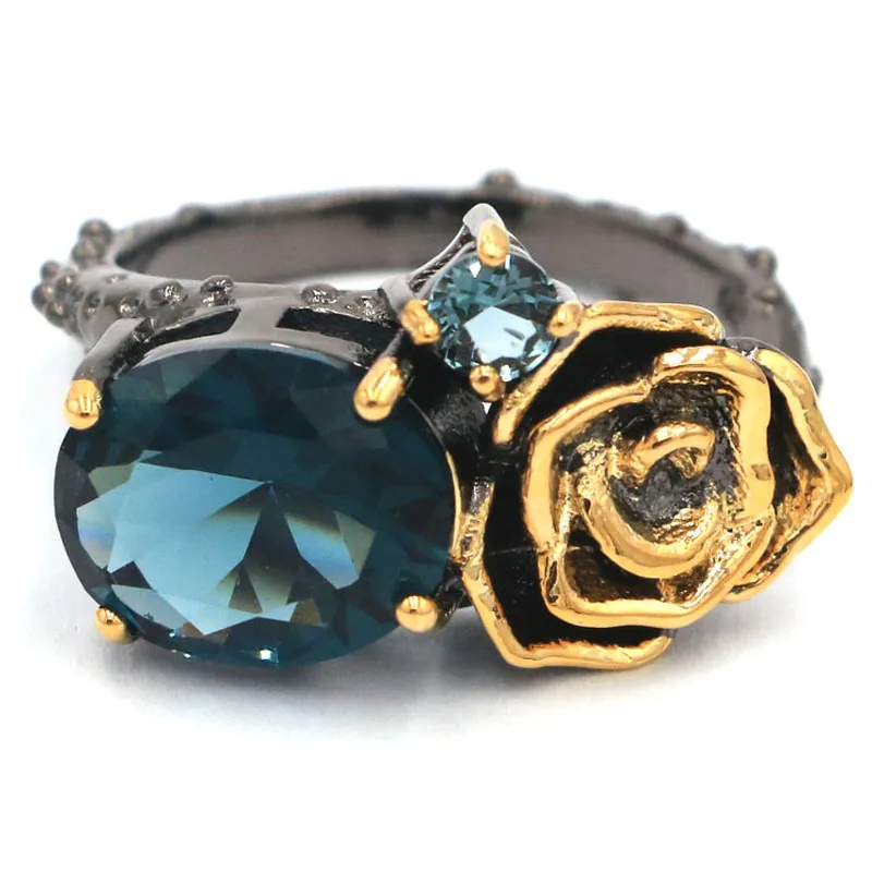 Buy 2 get 1 free 24x15mm Neo-Gothic Rose Dark London Blue Topaz Iolite Emerald Tourmaline Black Gold Silver Rings